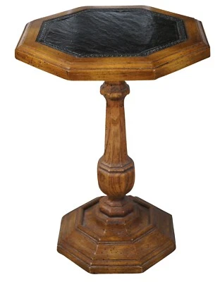 Mesa auxiliar Mid Century roble octágono cuero pedestal superior soporte para escultura 20" Foto 1 de 4