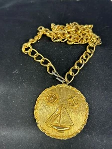 Pendant Sailor Sailboat Anchor Wheel HOBE  Vintage W Necklace Gold M-6239 - Picture 1 of 4