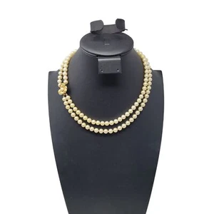 Vintage Glass Faux Pearl Double Strand Princess Necklace Gold Rhinestone Flower - Picture 1 of 11