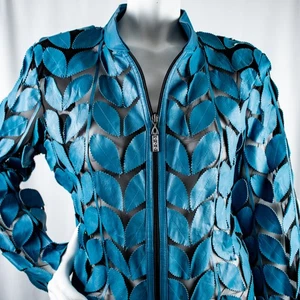IMAGE LEATHER New Turquoise Blue Leather Leafs Sheer Women Shirt Jacket Size XL - Picture 1 of 12