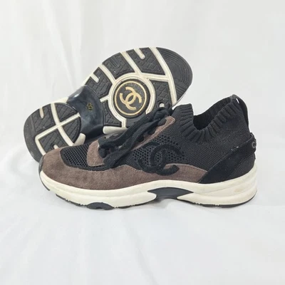 Chanel бархата тренажеры вязаные замшевые кроссовки женщин 37 - черный и коричневый логотип CC - Изображение 1 из 4