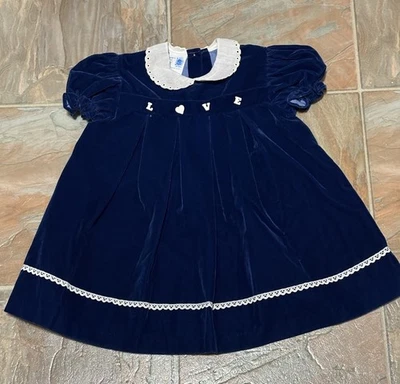 Vestido de Vacaciones Vintage Lil Airess Talla 4T Azul Terciopelo Hecho en Unión EE. UU. 'LOVE' Foto 1 de 4