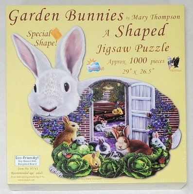 Garden Bunnies By Mary Thompson - Bunny Shaped 1000 Pc Jigsaw Puzzle NEW/SEALED - Image 1 of 4