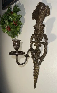 1940s Art Nouveau Heavy Brass Candle Wall Sconces, a Pair 16”x6”x5” - Picture 1 of 19