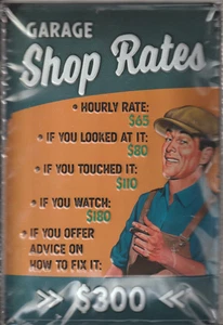 "GARAGE SHOP RATES" Funny! Embossed STEEL RETRO SIGNS Designed in Germany! - Picture 1 of 3