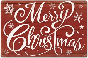 Merry Chrismas Metal Tin Signs Snowflakes Metal Sign Christmas Red Tin Sign Plaq - Picture 1 of 12