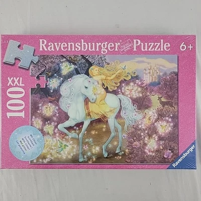 NEW Unicorn Glitter Ravensburger Puzzle 100 Pc Horse Riding in Woods Lg Format  - Image 1 of 4