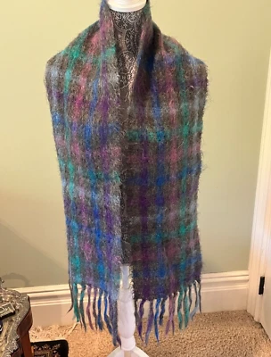 Vintage Gimbels 100% Mohair Scarf England Gray, Purple, Blue, Green. LG 9" x 60" - Image 1 of 4