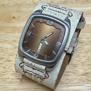 VTG FMD Quartz Watch Unisex Silver Brown Day Date Leather Bund Band New Battery - Picture 1 of 6