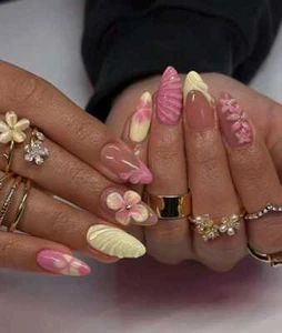Custom Almond Press On Nails, 3D Summer Flower Design, Butter Yellow Gift Set - Picture 1 of 8