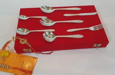 Set Di Posate In Ottone Puro Color Argento 27 Pezzi Regalo Con Scatola - Immagine 1 di 4