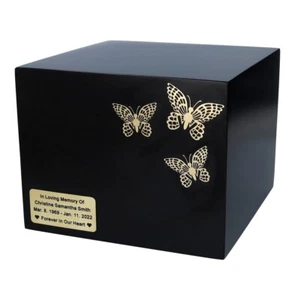 Schwarze Urne mit Schmetterlingen kastenförmige Einäscherungsurne für Erwachsene volle Größe - Bild 1 von 16