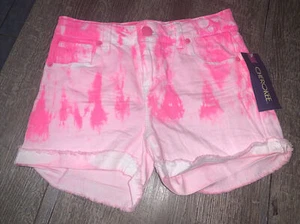 Girls Pink Tie Dye Cherokee Jean Shorts Adjustable Waist L 10 12 - Picture 1 of 4