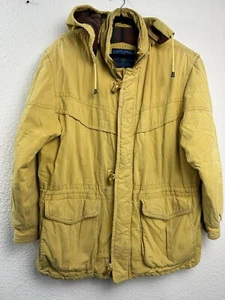 VTG Members Only Coat Mens Canvas Lined Chore Barn Jacket Workwear Yellow L Hood - Picture 1 of 18