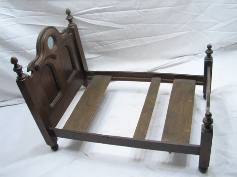 Antique Salesman Sample Walnut Wooden Doll Bed Frame w/Mirror Wood Toy Cover