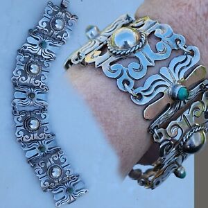 Link Dome Turquoise Bracelet Silver 925 Vintage 30s 40s Taxco Mexico Butterfly