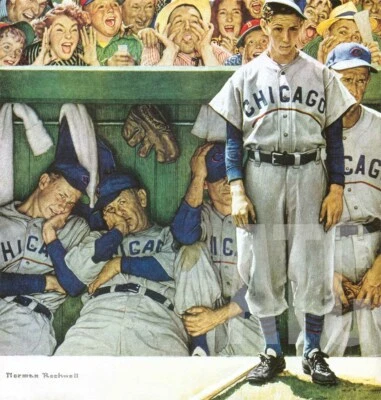 36W"x36H" THE DUGOUT por NORMAN ROCKWELL VINTAGE CHICAGO CUBS MLB LONA DE BEISEBOL - Imagem 1 de 4