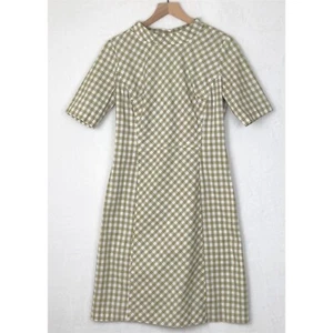 VTG MEO of CALIFORNIA Midi Dress Sz L 38" Greige Gingham High Neck 1/2 Slv 60s - Picture 1 of 11