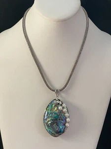 .925 Sterling Silver 18" Wheat Chain Necklace w/ framed Abalone & Pearl Pendant - Picture 1 of 14