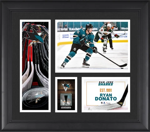 Ryan Donato Sharks FRMD 15" x 17" Player Collage with a Piece of GU Puck Cover