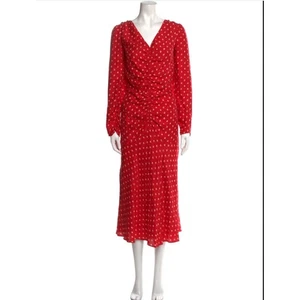 Rebecca Taylor Silk Red Midi Dress Long Sleeve VNeck Modesty Size Medium NEW - Picture 1 of 8