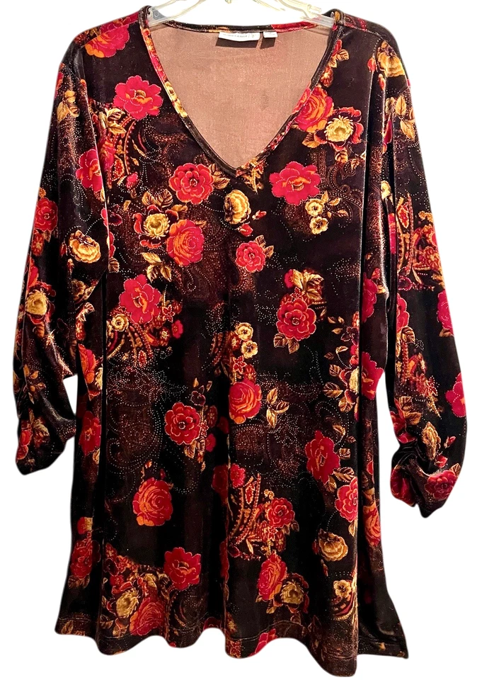 Top de terciopelo Susan Graver talla 2X elástico marrón floral cuello en V túnica manga 3/4 Foto 1 de 4