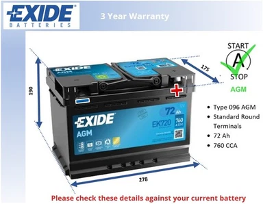 Car Battery EK720 Exide 000915105CC 5GM915105AA 5GM915105BA 7L0915105 7P0915105 - Image 1 of 4