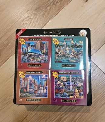 DOWDLE 4-Pack Mini Wooden Puzzles 250 Pc  "American Cities Set & Tray" New - Image 1 of 3
