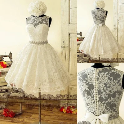 Lace Short Wedding Dresses Ivory Scoop Neck Sleeveless Knee Length Bridal Gowns - Image 1 of 3