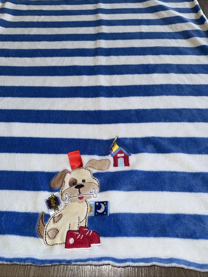 Taggies Blue Baby Blanket Plush Spotted Dog Doghouse 30x40" Sensory Tags Lovey - Image 1 of 4