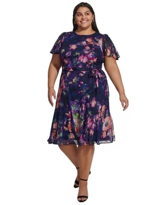 Dkny Plus Size Printed Godet MIDI Dress - Navy - 24W - Picture 1 of 3