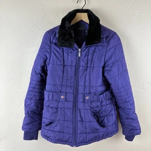 Faded Glory Purple Puffer Coat Black Faux Fur Collar Women’s Medium 8-10 - Picture 1 of 14