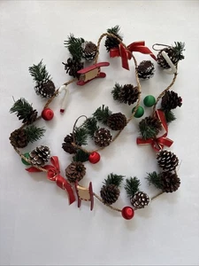 Christmas Tree Garland Primitive Rustic Natural Wood Sled Pine Cones 6' VINTAGE - Picture 1 of 7