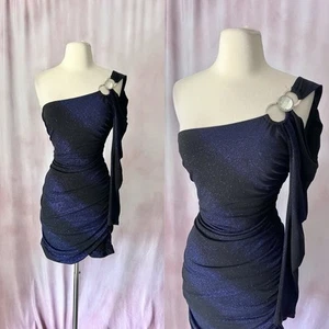 Vtg Y2K 2000s Deb Dress XL Blue Black Glitter Ruched One Shoulder Mini Bodycon - Picture 1 of 6