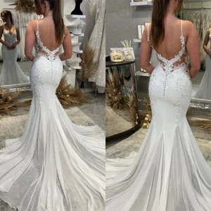 Mermaid Wedding Dresses Sexy Deep V-Neck Strap Backless White Ivory Bridal Gown - Picture 1 of 11