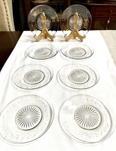 8-Clear Etched Glass Salad Plate Floral Pattern Starburst Center - 8" - Picture 1 of 12