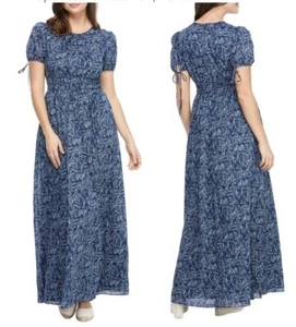 GAL MEETS GLAM Giselle Navy Puff Sleeve Maxi Dress Sz 2 Birds Floral - Picture 1 of 10
