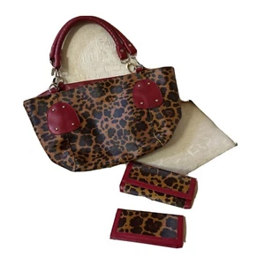 large leopard handbag purse With Wallet And Check Book Holder, Brown/black/red - Picture 1 of 10