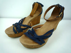 Ugg Cork Wedge Strappy Sandels Blue Leather Straps & Tassels & Zip On Heel