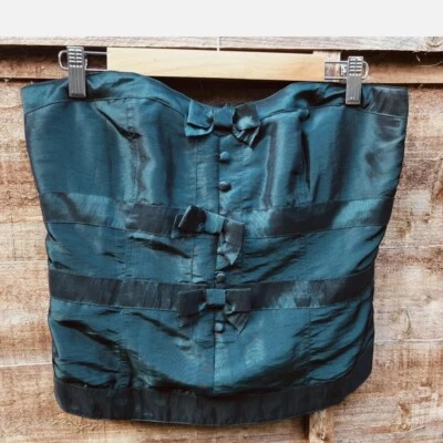 Vintage Topshop Metallic Green Corset Top Bow Sweetheart Strapless Y2K 00s UK 14 - Image 1 of 4
