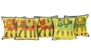AamiraA Kantha Patch Elephant Yellow Blue Cushion Cover Decorative Pillow Case - Picture 1 of 16