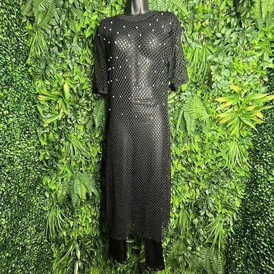 DANIEL Tops Women Small Black Mesh Blouse Cover Up Pearl Accent Vacation  0143 - Image 1 of 4