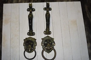 VINTAGE Solid Brass Pair Lion Head Door Knocker (2)- Two Brass Horse Handles (2) - Picture 1 of 9