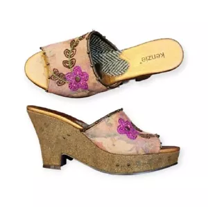 KENZIE Comical Rose Velvet Sandals Multicolored Floral Wedge Shoes size 9.5 M - Picture 1 of 17