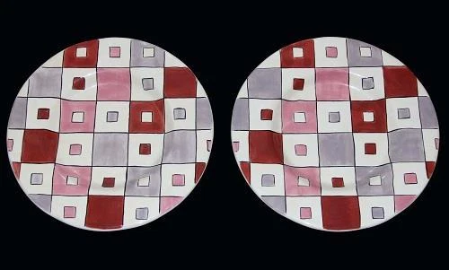 2 Tabletops Unlimited Brick Red Geometric Squares 11-1/2" Dinner Plates NEW - Image 1 of 1