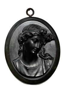 Antiguo colgante victoriano de luto camafeo gutta percha negro azabache vulcanita - Imagen 1 de 9