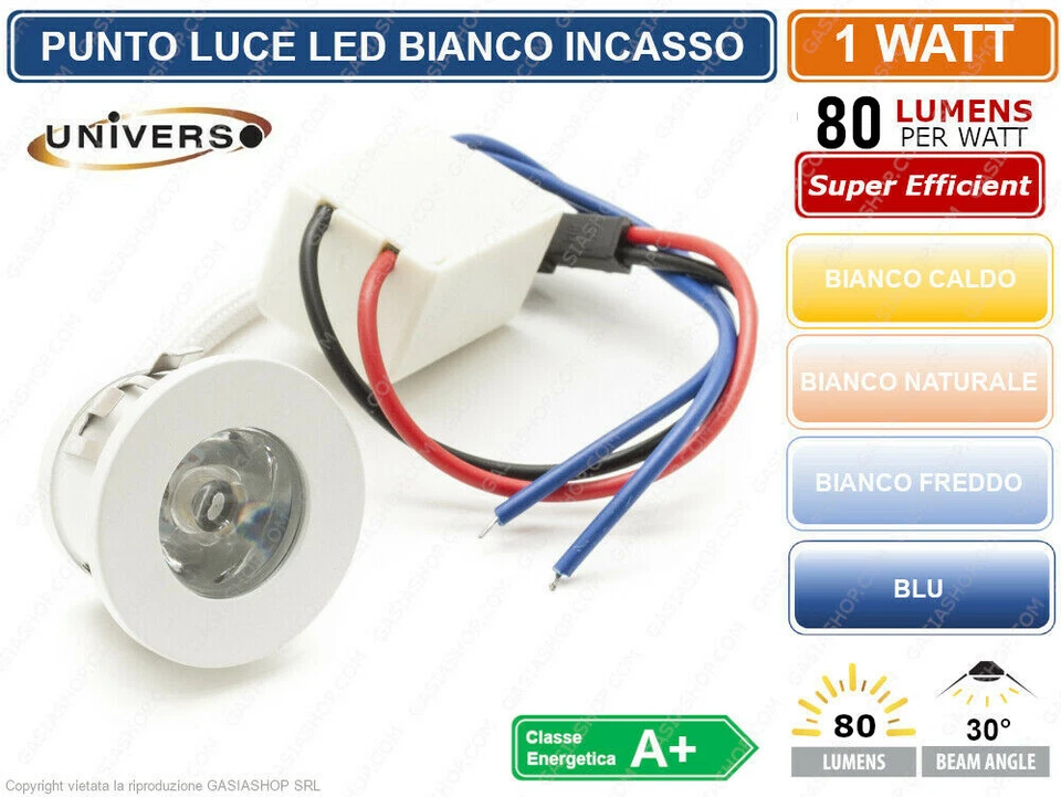 FARO FARETTO LED PUNTO LUCE ROTONDO DA BIANCO INCASSO 1W 3000K 4000K 6500K BLU - Immagine 1 di 1