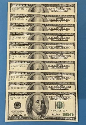 2001 $100X(10) CONSECUTIVE $100 Dollar UNCIRCULATED STAR NOTES  REAR , - Image 1 of 4