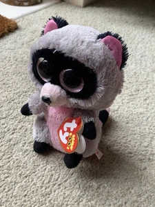 Ty Rocco Racoon Beanie Boo 6' Pink and Grey 2014 Plush Toy - Picture 1 of 2