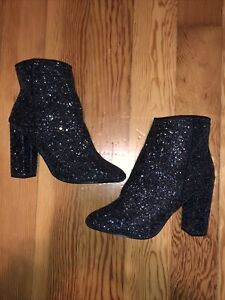 New Call It Spring Black Sparkle Boots Size 6 Med Purple Blue Glitter Heels